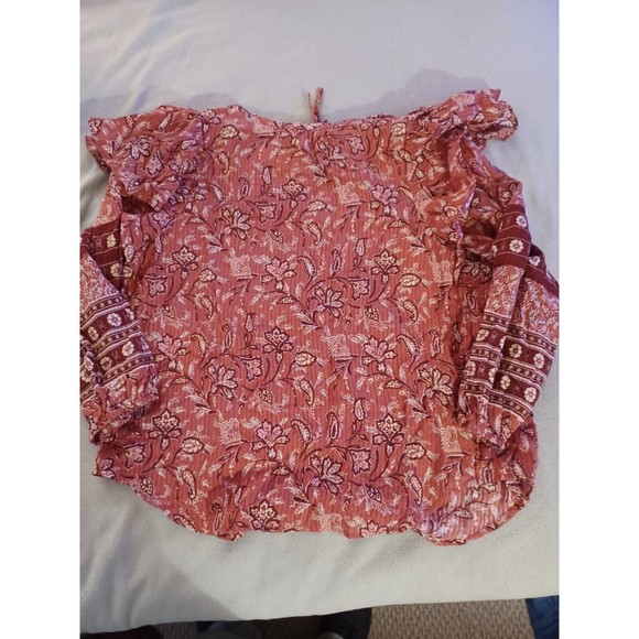 Loft Womens Peasant Blouse  Size Large Bohemian floral tie collar Rust - Picture 8 of 8